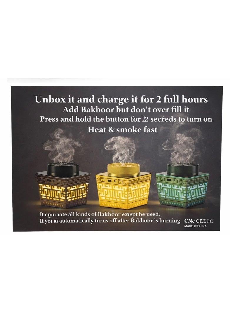 تلواح •	🔥 Electric Bakhoor Burner – Fast heating system for quick smoke without charcoal 	•	📖 Complete Holy Quran Speaker – Full Quran recitation with multiple reciters 	•	🎵 Bluetooth Connectivity – Connect mobile phone for audio playback 	•	🎮 Remote Control Included – Easy control for Quran, volume & functions 	•	💡 Elegant LED Light Design – Luxury Arabic pattern with soft illumination 	•	🔋 Rechargeable Battery – Portable & cordless use 	•	⏱️ Auto Shut-Off – Automatically turns off after bakhoor burns 	•	🕌 Perfect for Home, Majlis & Gifts - Image 3